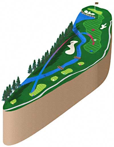 Diagram of a golf course with water features and bridge, illustrating the course layout.