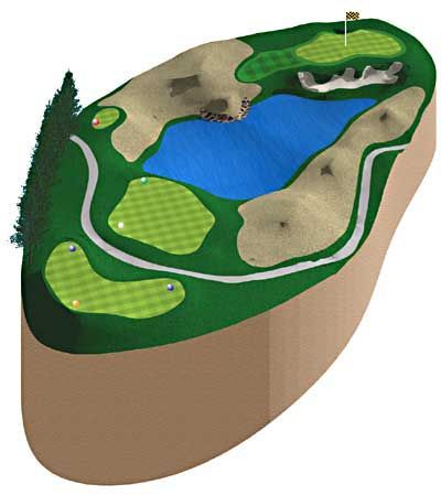 Golf course layout with water hazard and sand traps, featuring three greens and golf balls.