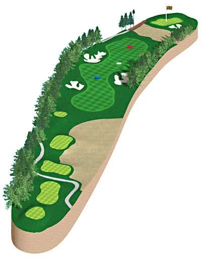 Isometric view of a golf course with green fairways, sand traps, and the green with the flag.