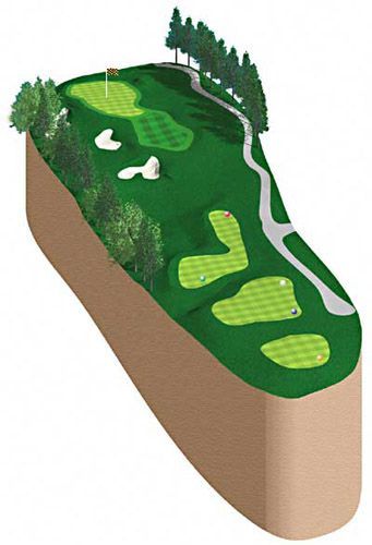 Golf course illustration with multiple green areas, sand traps, and flag on top.