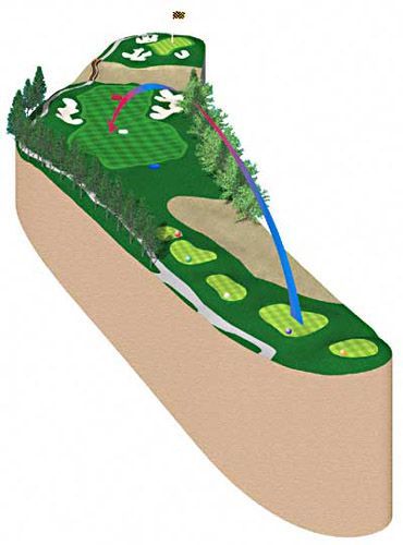 Golf hole diagram with blue and red ball trajectories over green, sand trap, and trees.