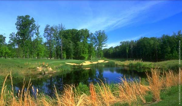 Golf course with water feature, green grass, trees, and blue sky.