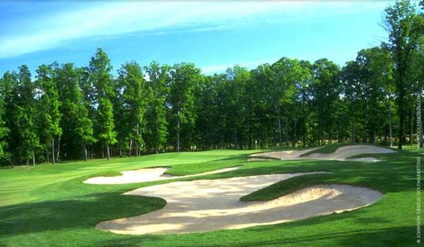 Green golf course with sand traps and trees under a blue sky.