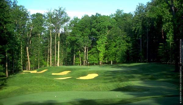 Green golf course with sand traps surrounded by trees under a clear sky.