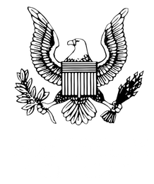 American bald eagle with outstretched wings, holding an olive branch and arrows, with a shield on its chest.