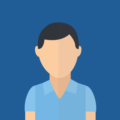 Person icon with dark hair, light skin, and blue shirt, against a blue background.
