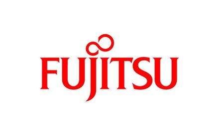 The fujitsu logo is red and white on a white background.