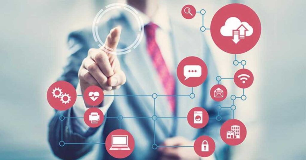 Businessperson touching a digital interface with cloud, data, and communication icons.