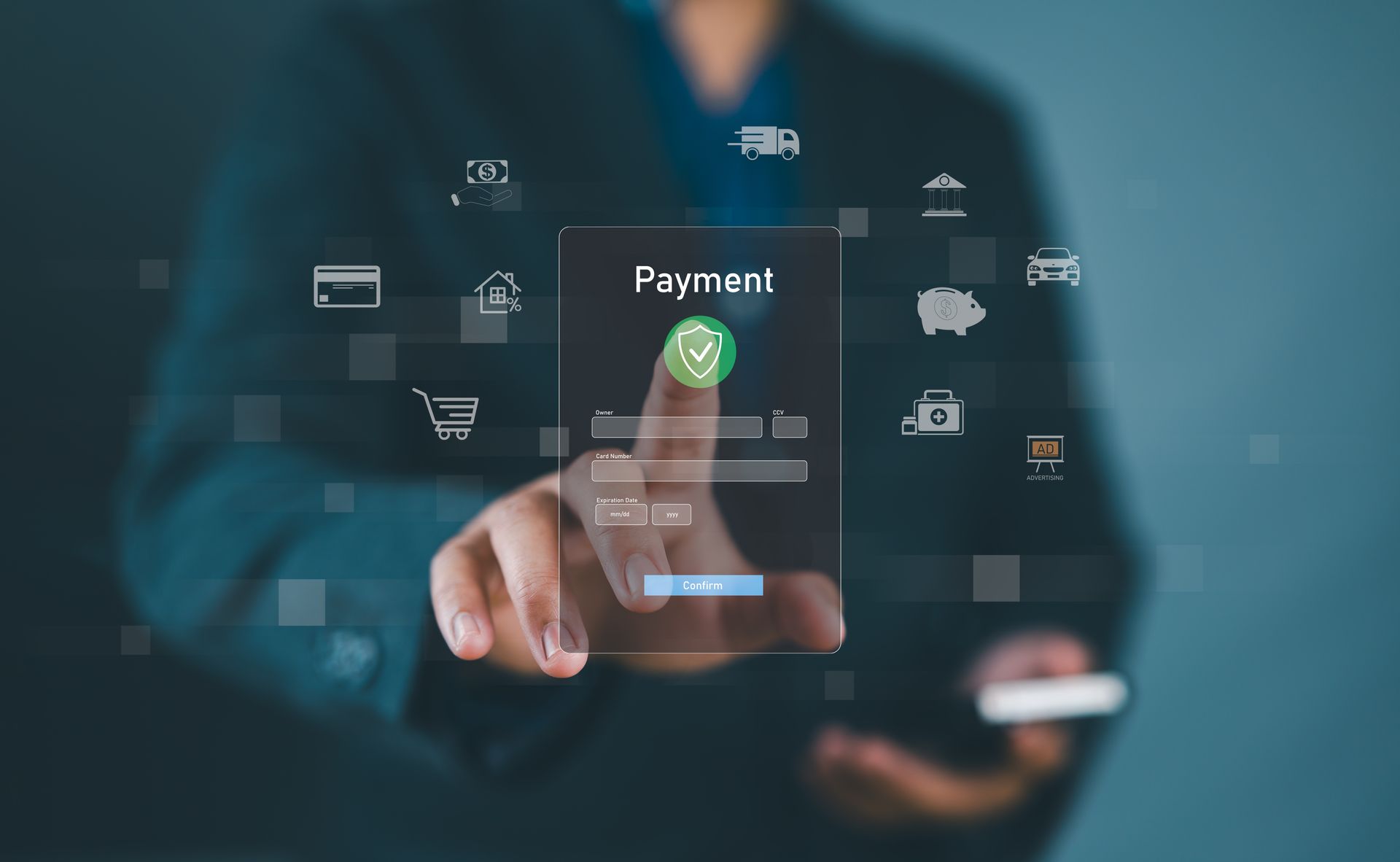 A woman is using a smart phone to make a payment.