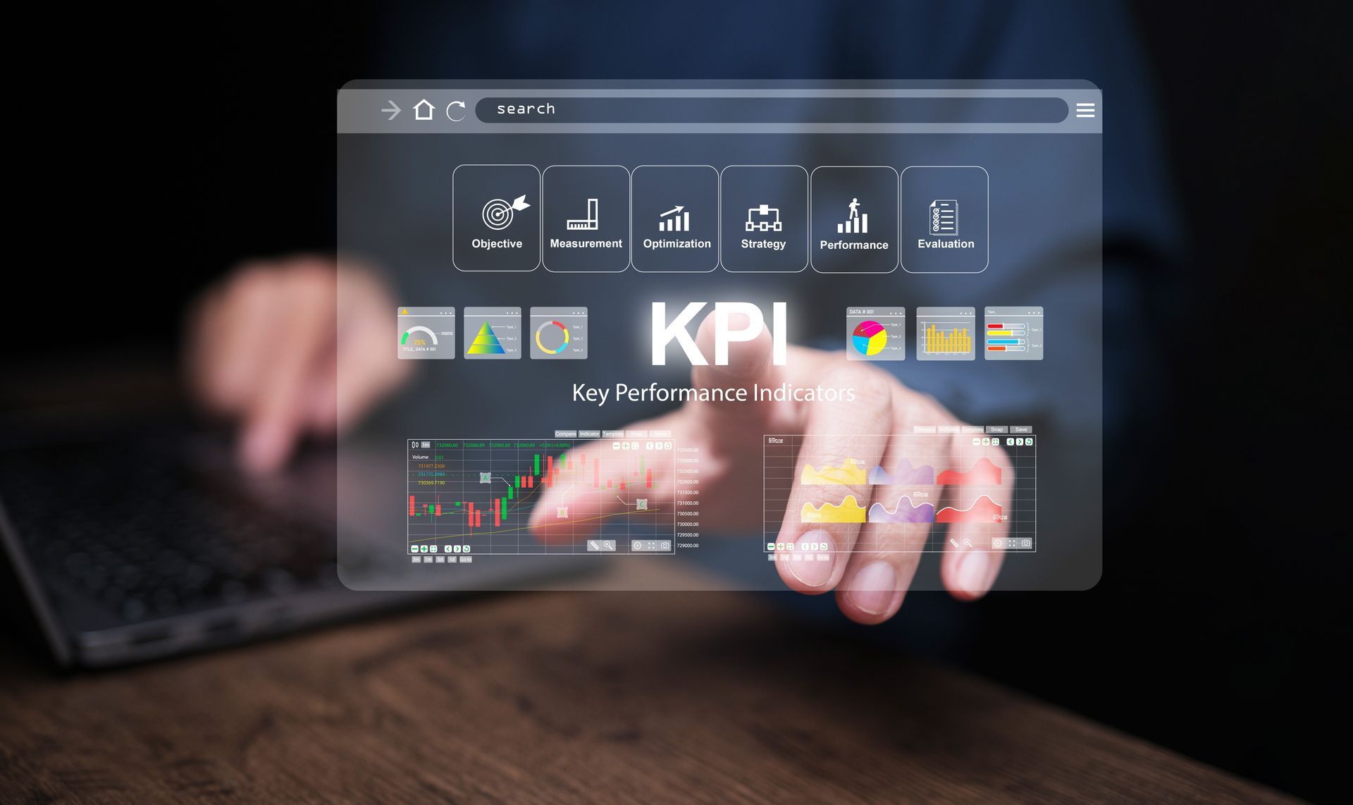 A person is using a laptop computer and pressing a button on a futuristic screen.