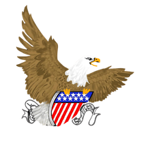 A bald eagle is flying over an american flag shield