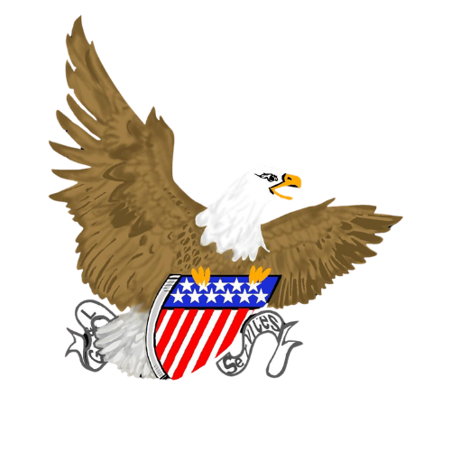 A bald eagle is flying over an american flag shield