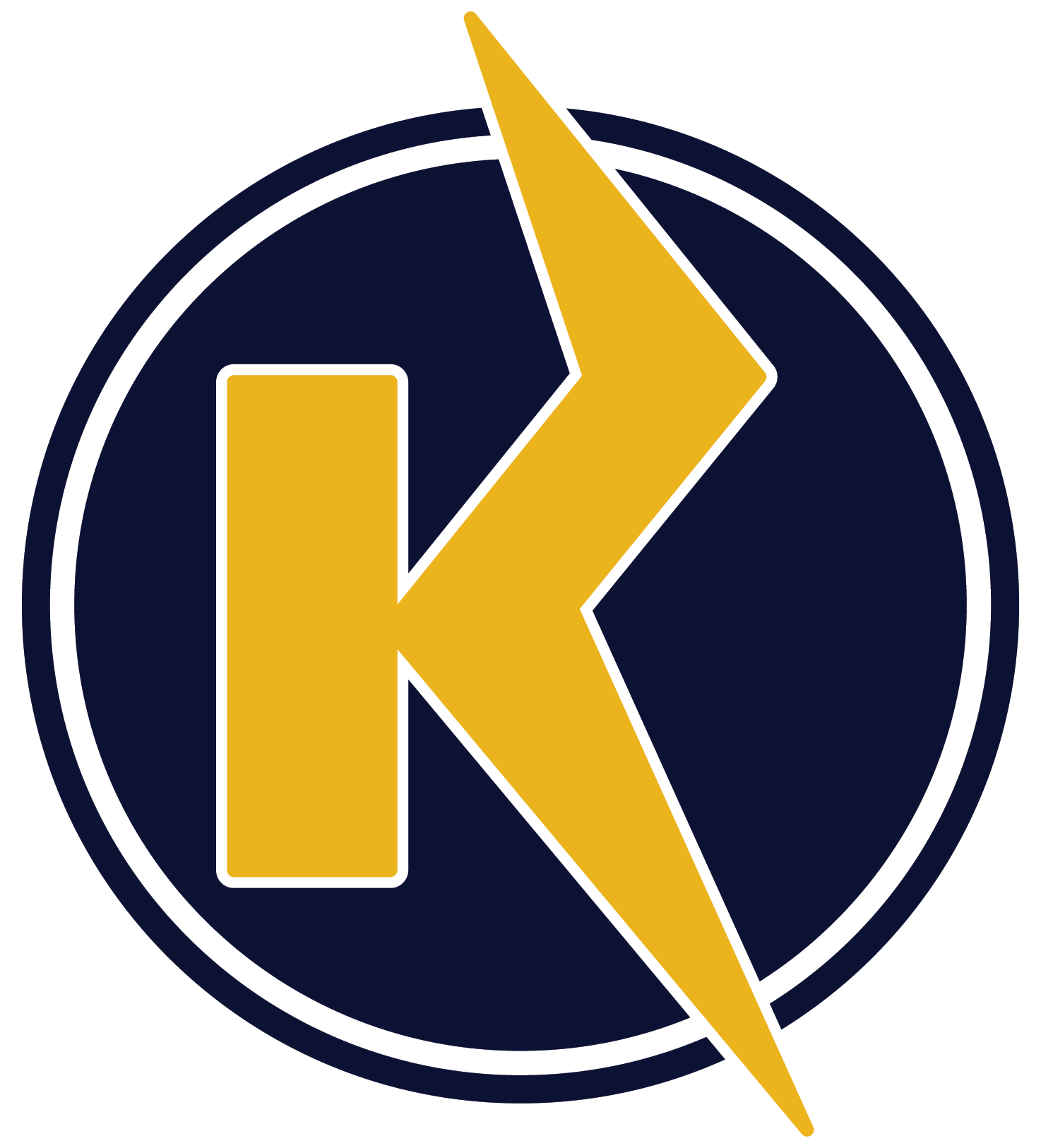 Yellow stylized K on a dark blue circle with a white border