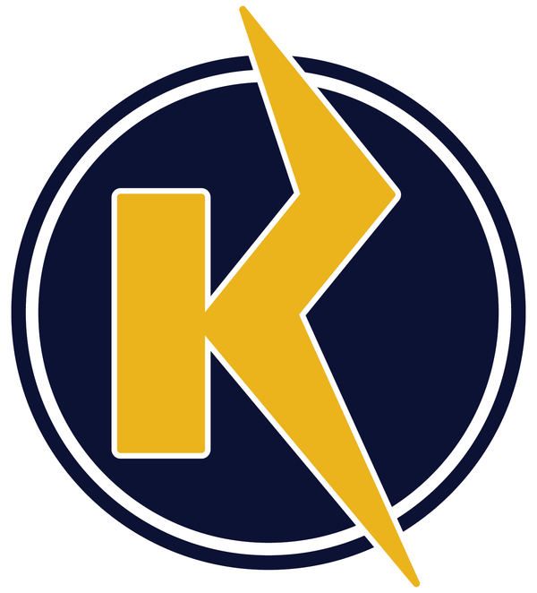 Gold K lightning bolt logo on a dark blue circle with white border