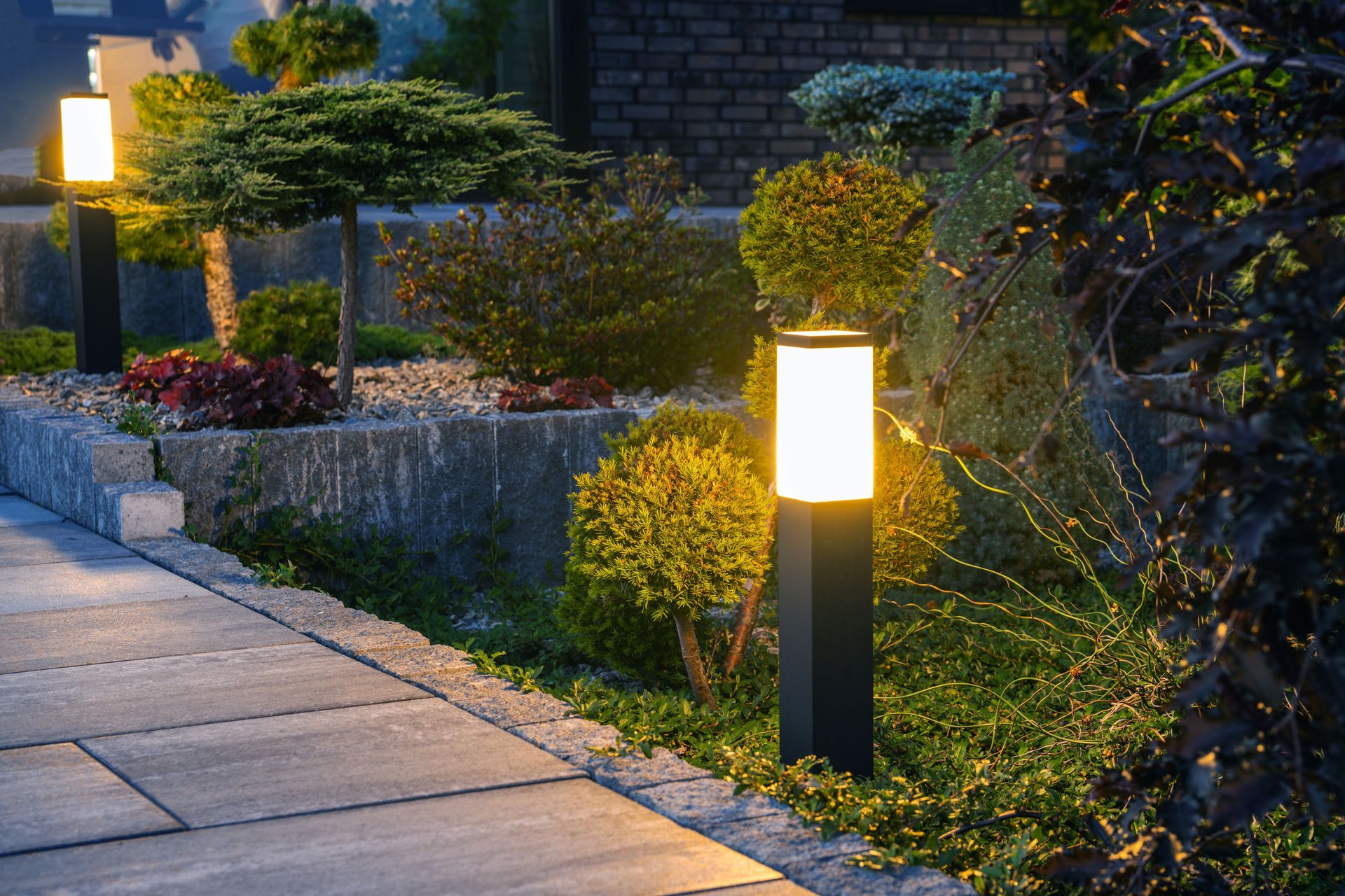 Lit walkway with glowing modern garden path lights beside landscaped shrubs at dusk