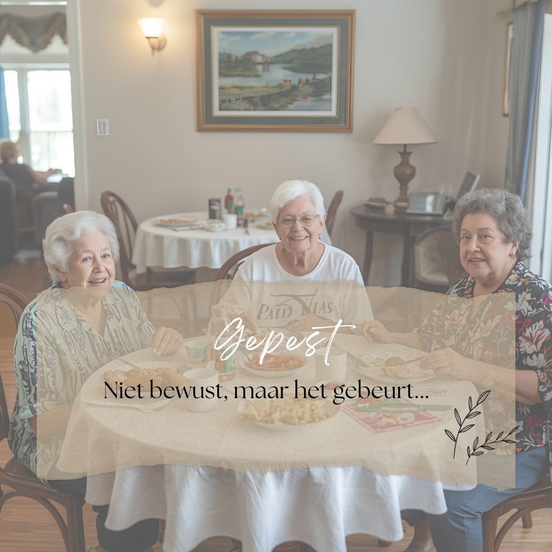 Three elderly women at a table, smiling, inside a room. Text overlays read