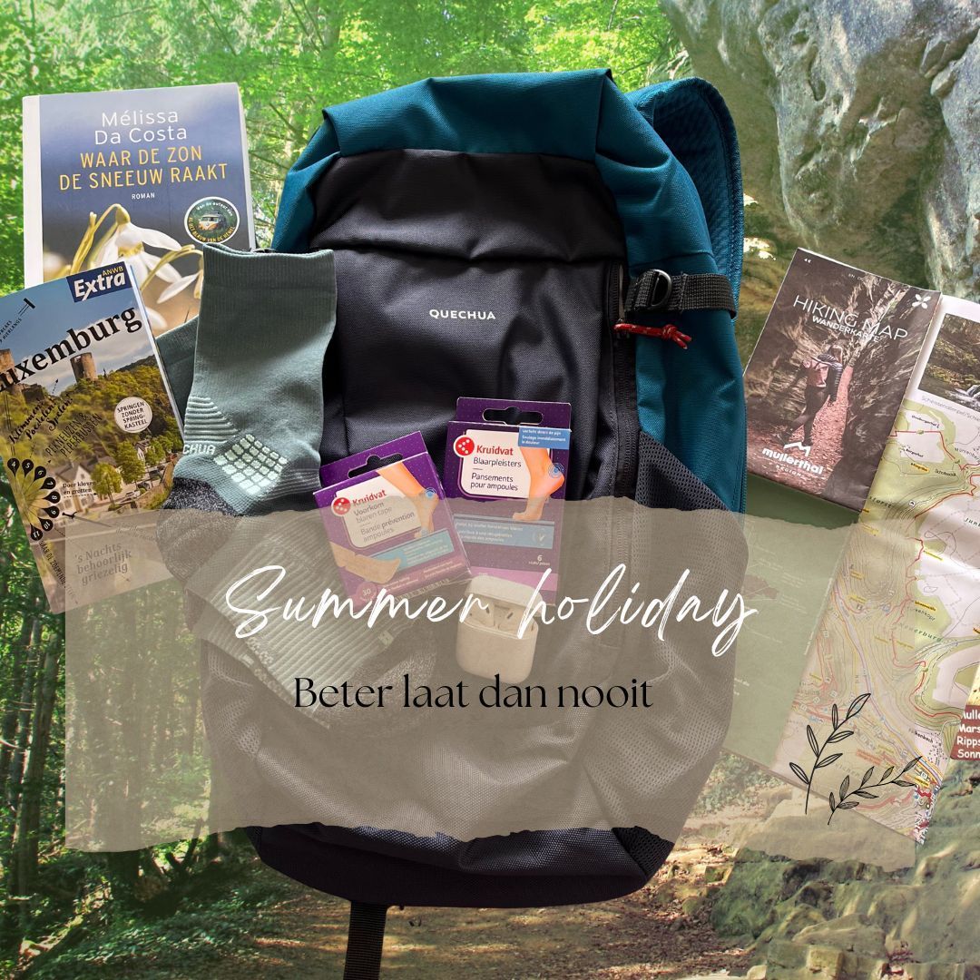 Backpack with hiking gear: books, snacks, socks, and map, with