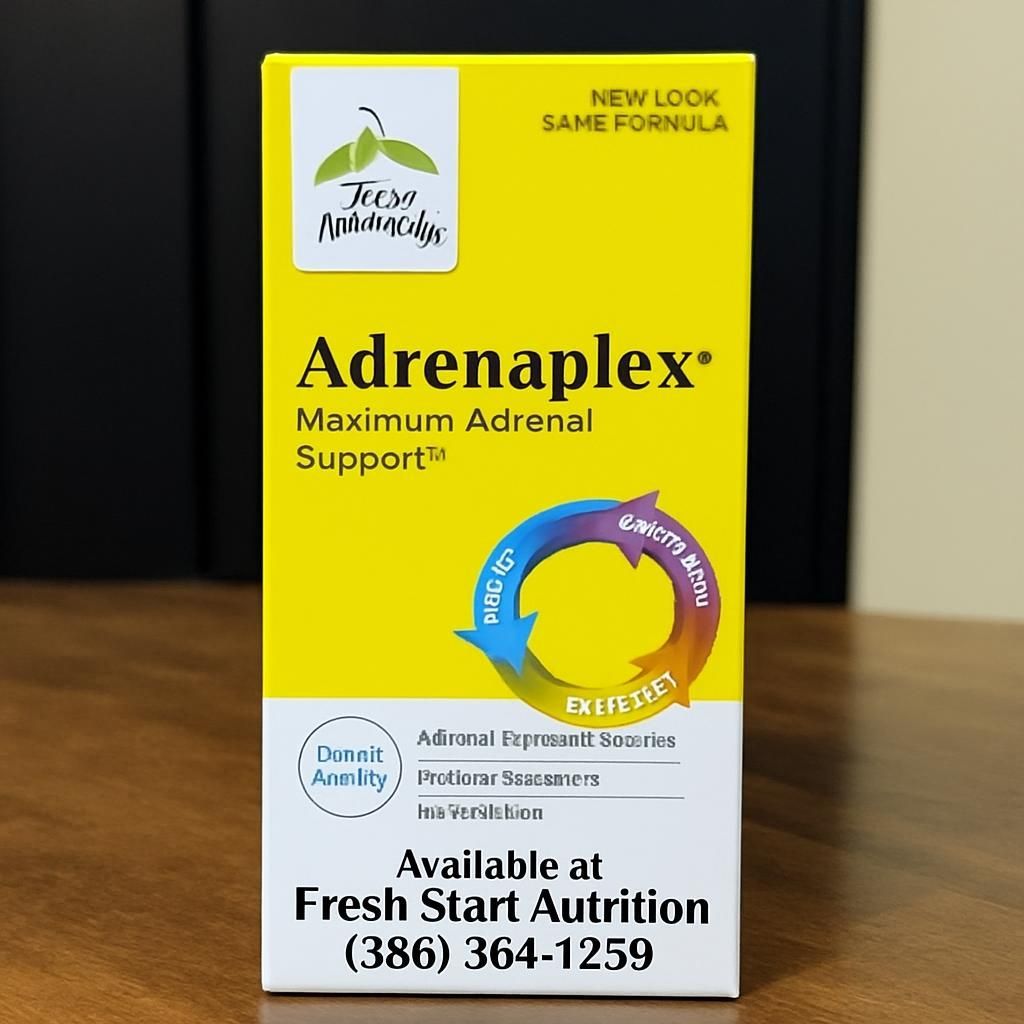 Box of Adrenaplex vitamins with yellow packaging. It says 