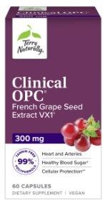 Box of Terry Naturally Clinical OPC capsules with grape seed extract, featuring grapes.