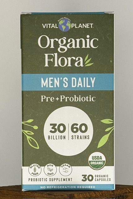 Box of Vital Planet Organic Flora Men's Daily pre+probiotic supplement with 30 organic capsules.