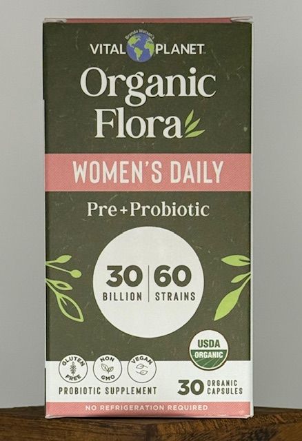 Box of Vital Planet Organic Flora Women's Daily Pre+Probiotic capsules. Contains 30 billion strains, and 30 capsules.
