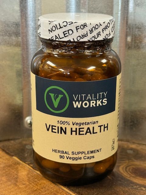 Brown bottle of Vitality Works Vein Health supplement.