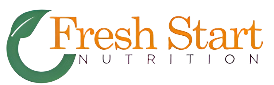 Logo for Fresh Start Nutrition: Green leaf in a crescent shape with orange text "Fresh Start Nutrition."