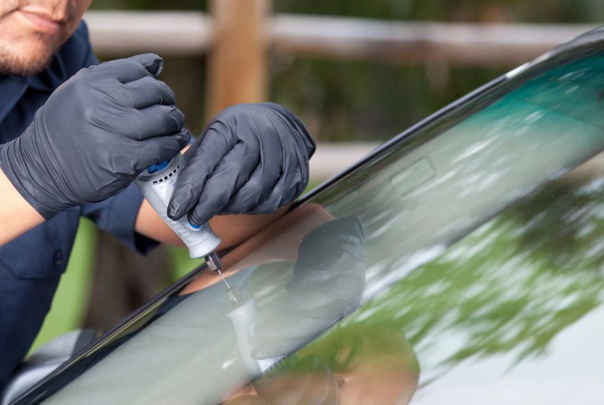 Two men are working on a car windshield in a garage.