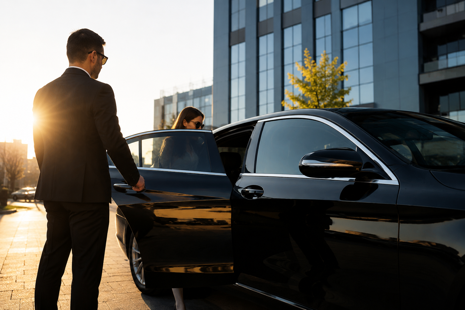 Chauffeur opening car door for client at private car service pickup
