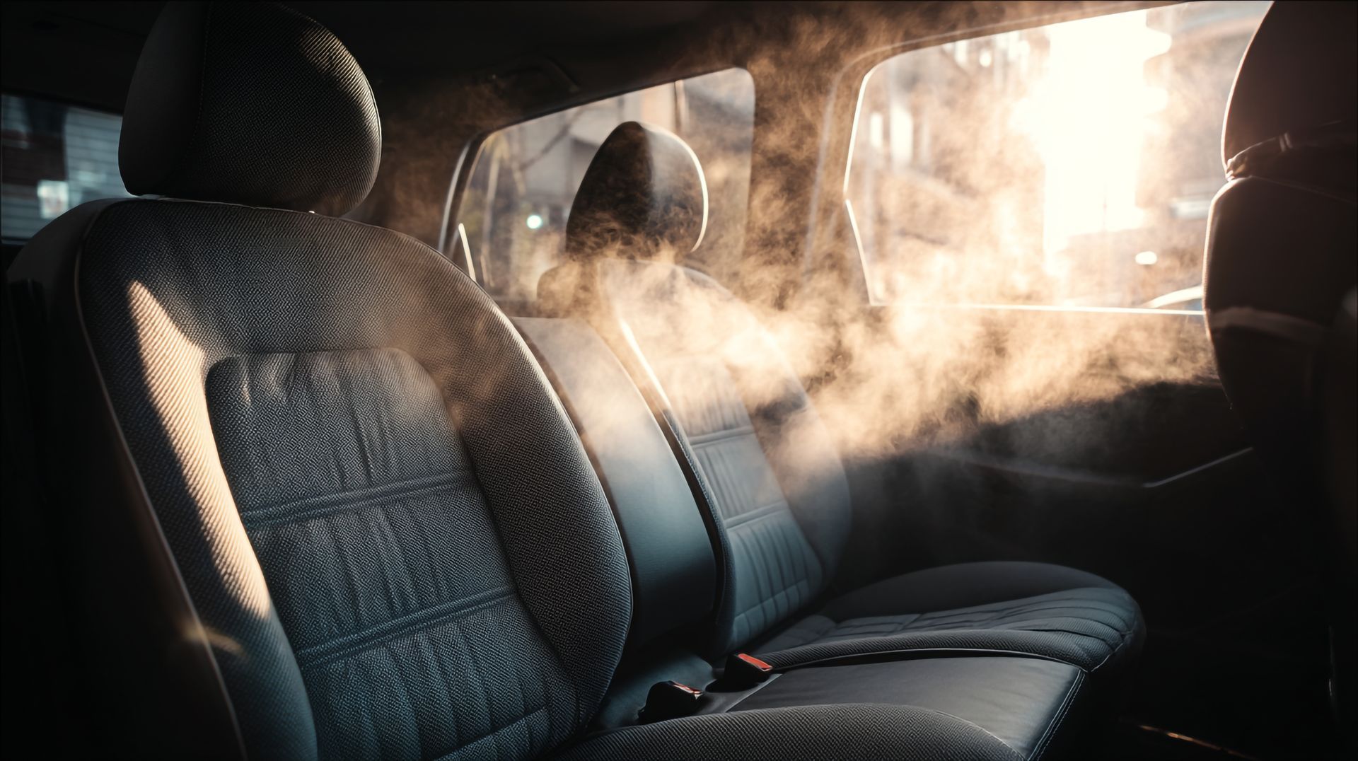 Sunlit car back seat with dark seats and steam or dust drifting through the window