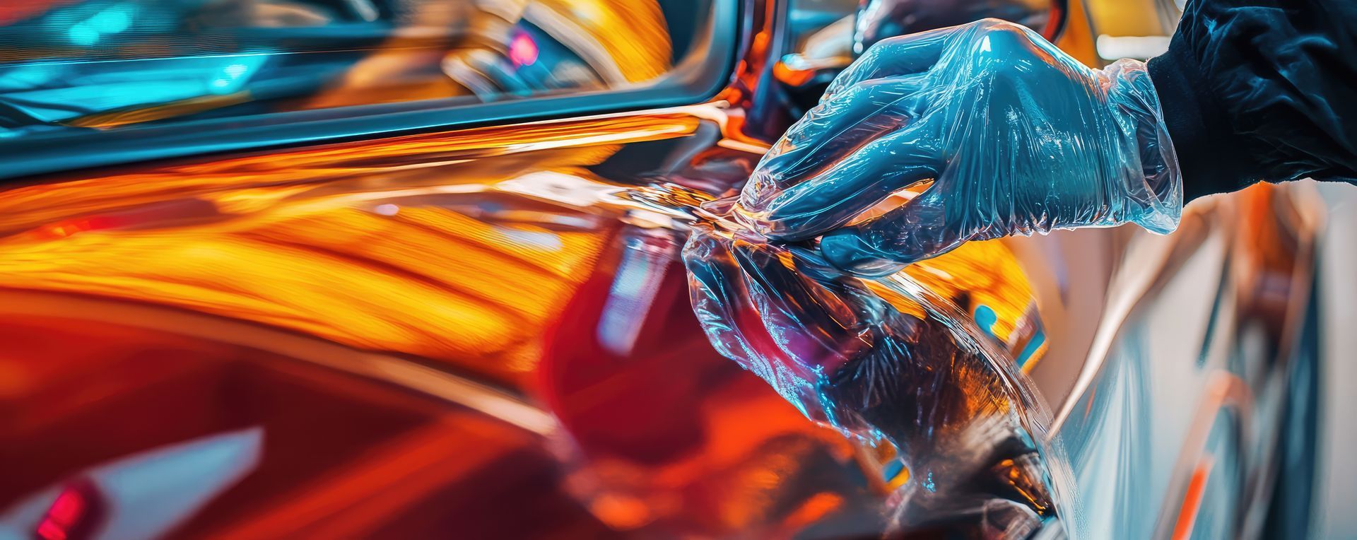 Gloved hand polishing a shiny red car surface close-up