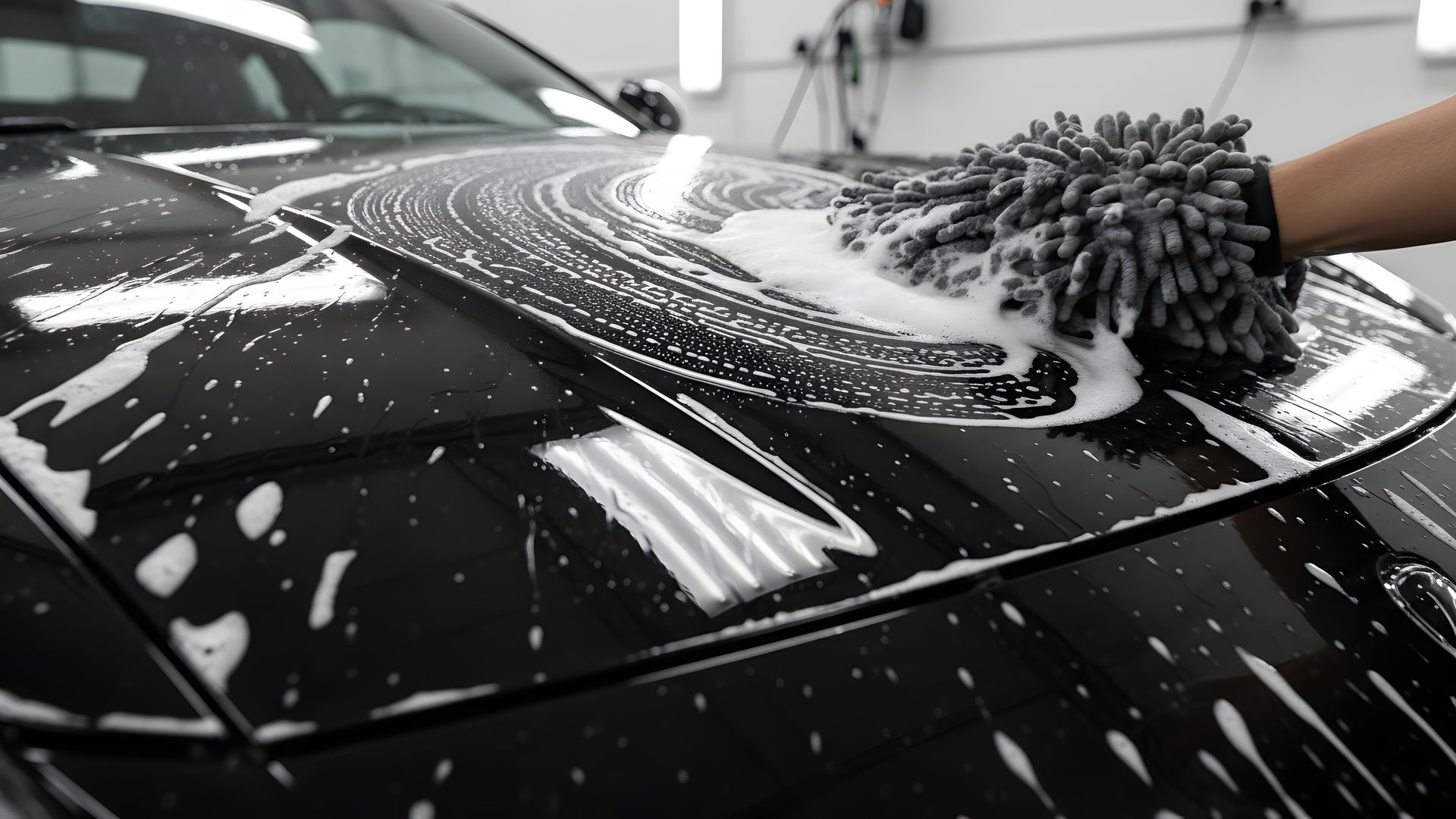 Person washing a black car hood with soap suds and a microfiber mitt in a garage