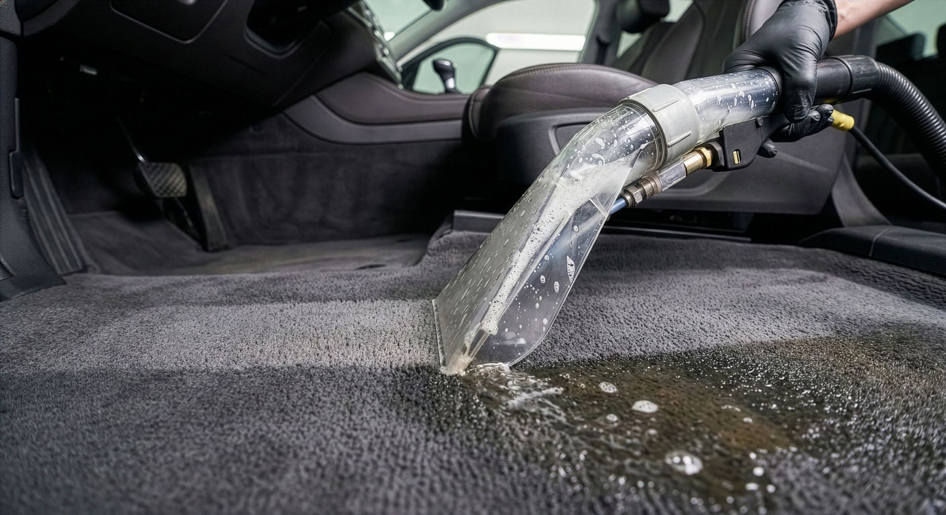 Car interior flooded as water pours from a hose onto the floor mat