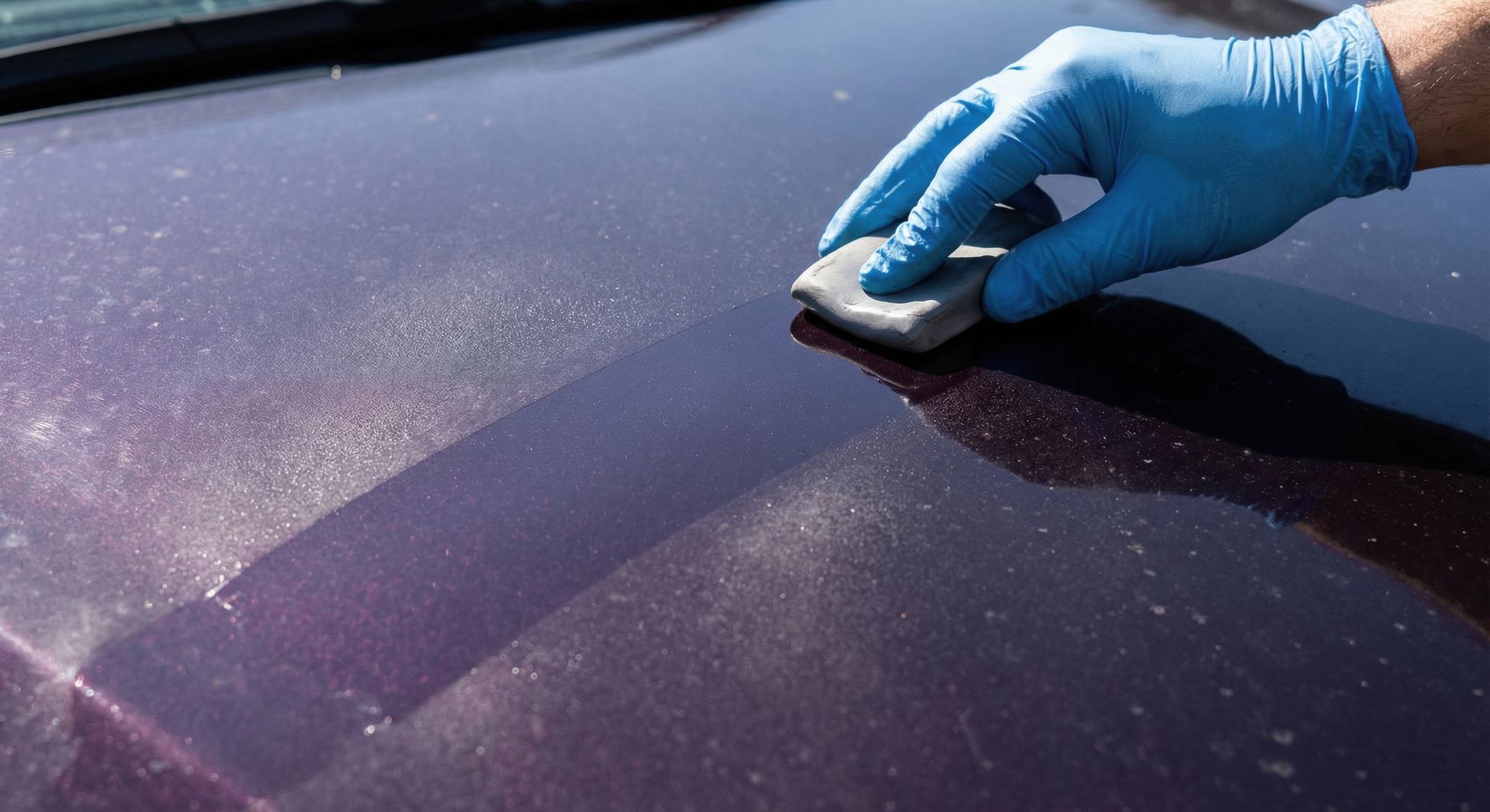 Gloved hand wiping dust off a dark purple car hood with a cloth