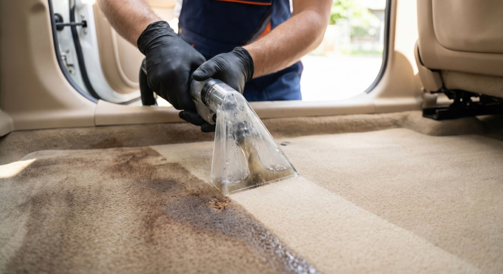 Worker vacuuming a dirty beige car seat with a handheld extractor inside a vehicle