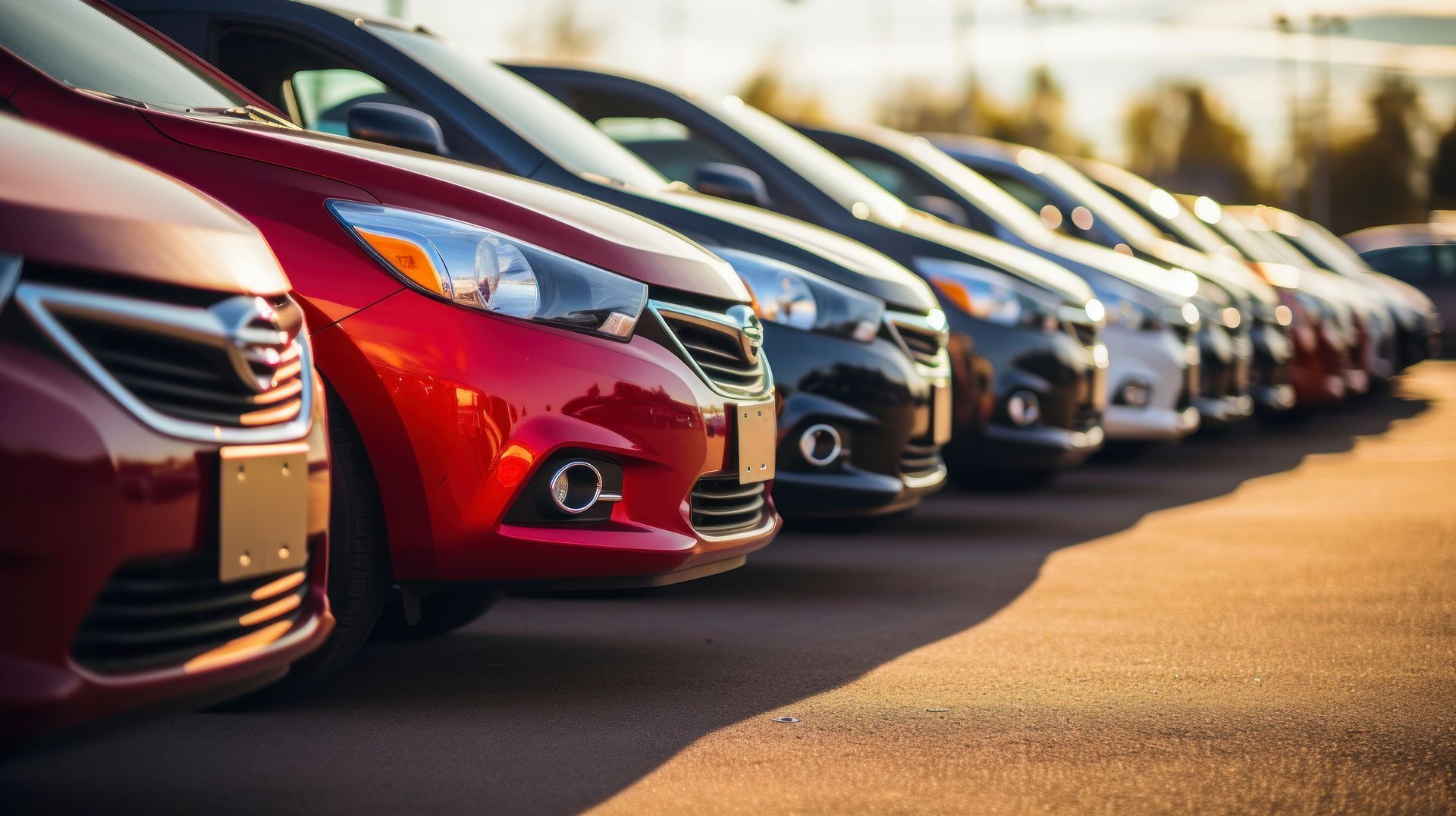 Row of parked cars angled along a sunlit street, with a red car in the foreground