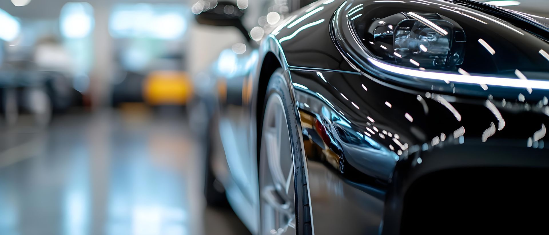 Black sports car in a showroom, with blurred cars and lights in the background