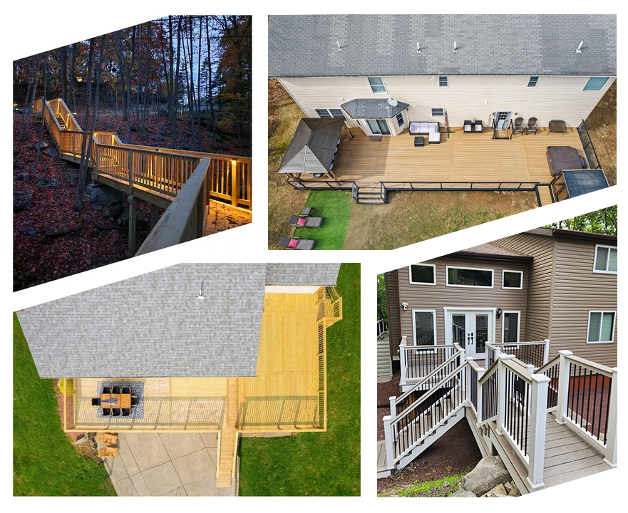 Two pictures of a house with a wooden deck and stairs