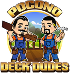 A logo for pocono deck dudes with two men holding tools