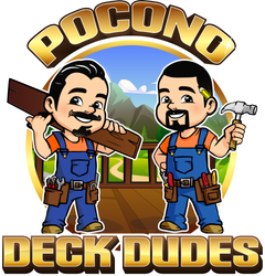 A logo for pocono deck dudes with two men holding tools