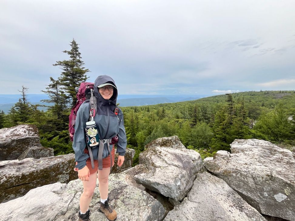 Hiker in blue jacket and pink backpack standing on rocky mountain overlook with forest and cloudy sky