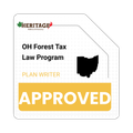 Ohio Forest Tax Law Program approved badge with yellow “APPROVED” banner and Ohio silhouette
