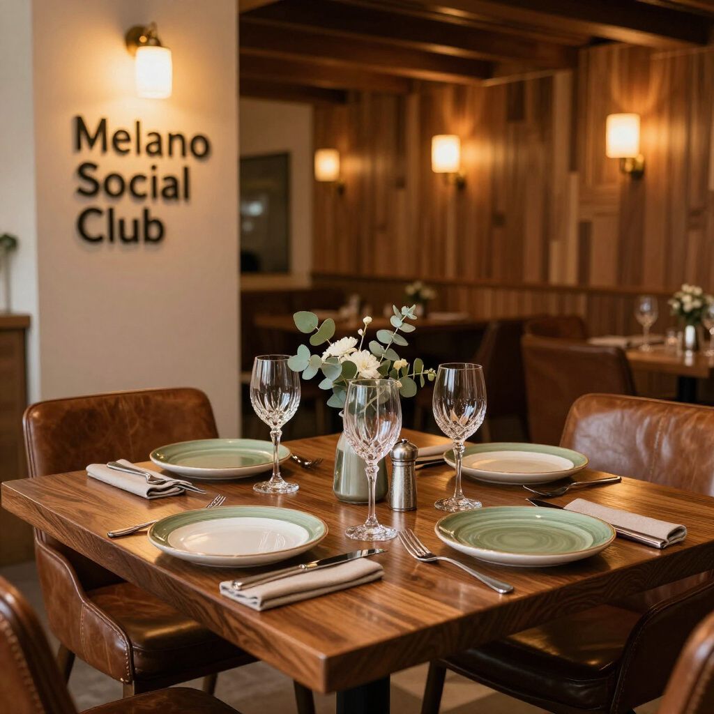 Restaurant table set for four with plates, glasses, and a centerpiece; 