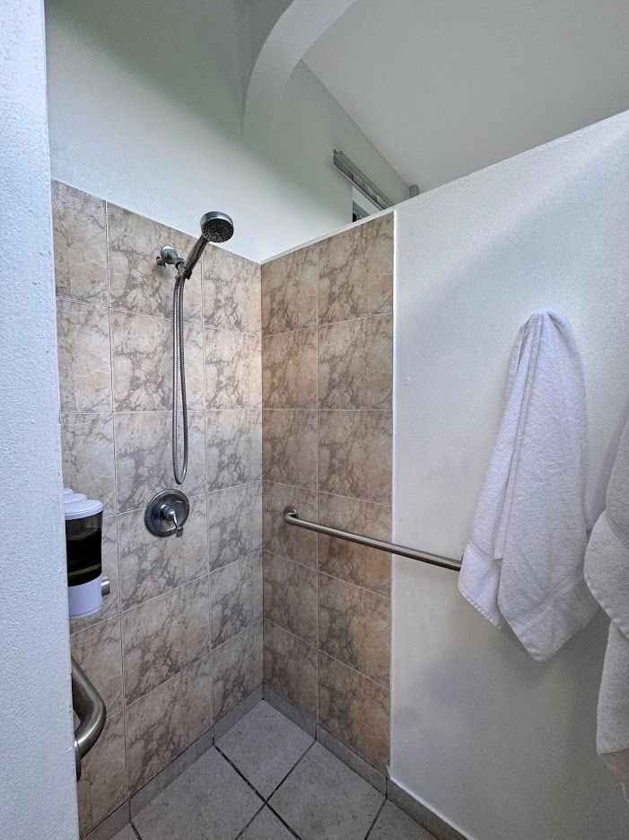 Accessible shower stall with tiled walls, grab bar, and white towel.