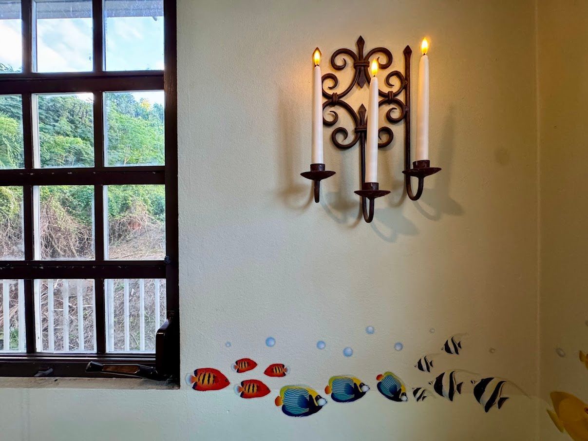 Window with forest view next to a wall with candle sconce and fish decals.