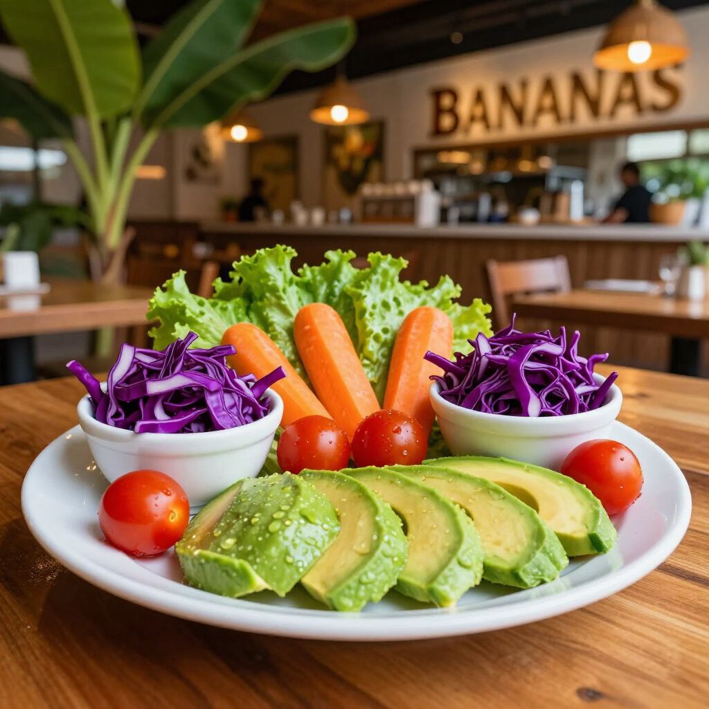 Plate of fresh avocado, red cabbage, tomatoes, carrots, and lettuce at 