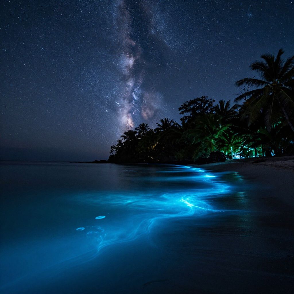 Milky Way over a glowing blue bioluminescent beach, palm trees and dark silhouettes.