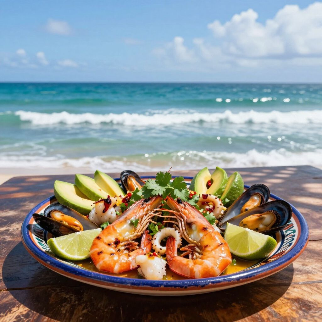 Grilled seafood platter with avocado, lime, and mussels on a plate with ocean background.