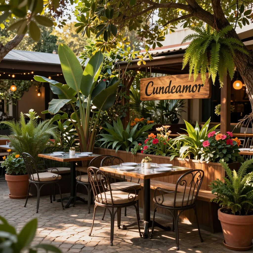 Outdoor dining patio with tables, chairs, plants, and a sign that reads 