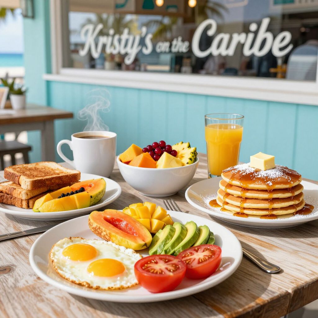 Breakfast at Kristy's on the Caribe: eggs, pancakes, toast, fruit, juice, and coffee on a wooden table.